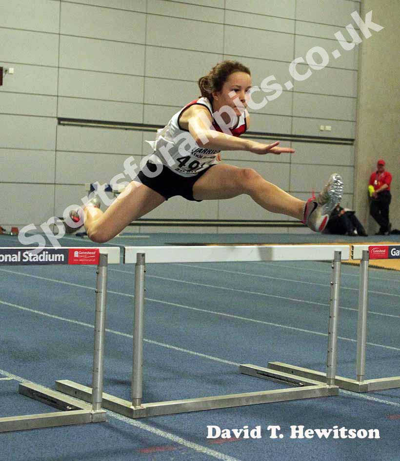Lauren Beales (Gateshead Harriers) winner of  the under-13 girls 60 metres hurdles.